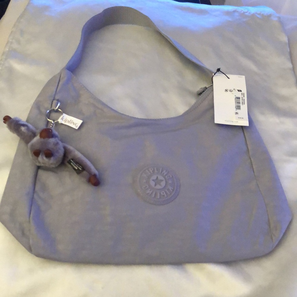 Kipling Isidora Nylon Shoulder Bag Dove Grey + Monkey Key Chain OS NWT - Picture 5 of 16